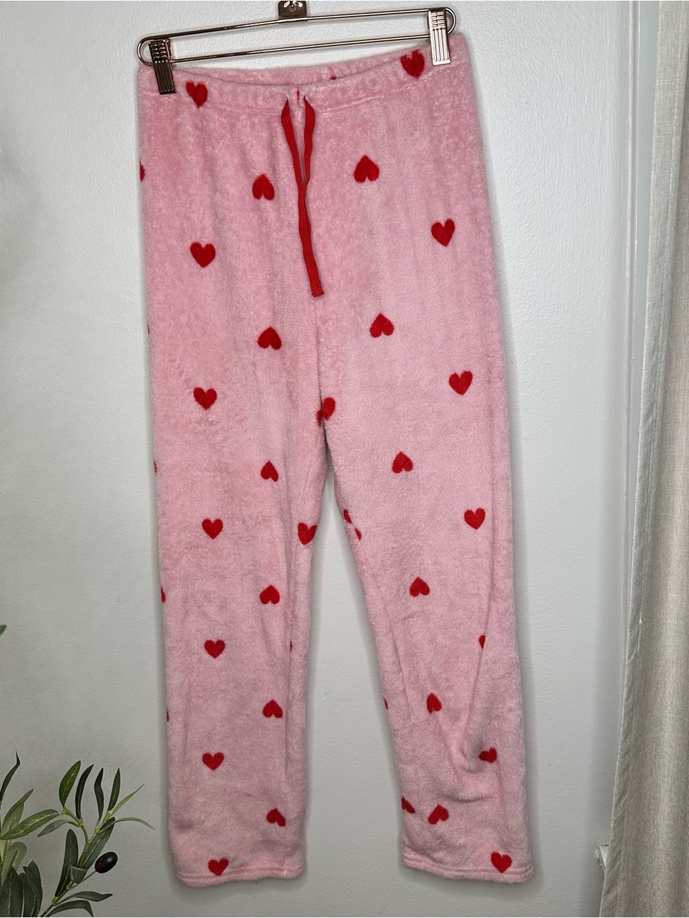 XS Pink Fleece Pajama Pants with Red Hearts